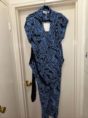 Diane Von Furstenberg Black and Blue Leaf-Print Wrap Jumpsuit
